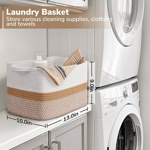 Goodpick Woven Storage Baskets - Cotton Rope Organizers for Home Decor | 13"x10"x9" | White & Camel Mix