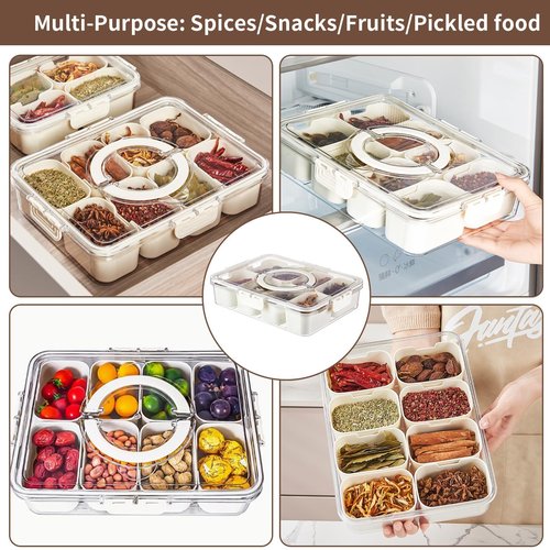 BUNTEY Snackle Box Container Tray with Lid and Handle, Fruit Storage Containers for Fridge, Divided Serving Tray with Lid, Snack Organizer, Portable Travel Snack Container, Perfect for Party, Travel
