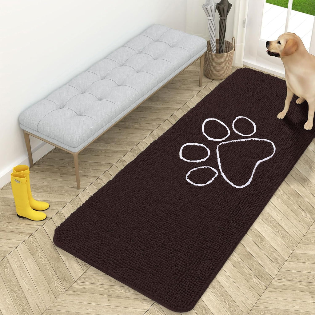 OLANLY Dog Door Mat - Absorbent Non-Slip Mud Mat for Muddy Paws | 59x24 Paw Print Design, Quick Dry Brown