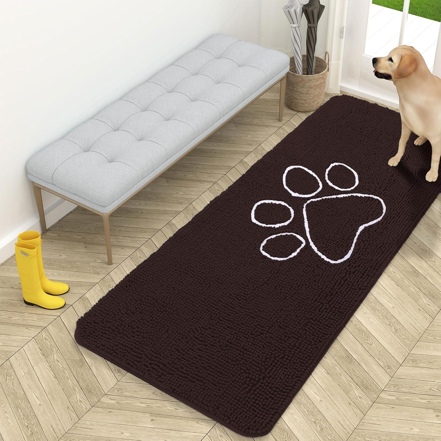 OLANLY Dog Door Mat - Absorbent Non-Slip Mud Mat for Muddy Paws | 59x24 Paw Print Design, Quick Dry Brown