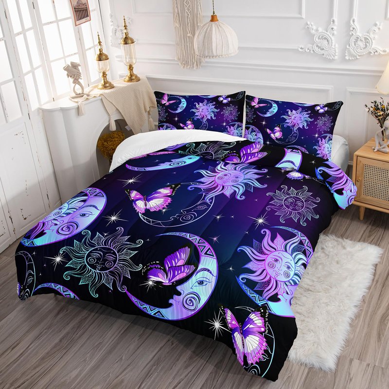 Ntlfup Sun and Moon Comforter Set, Queen Size Butterfly and Star Bedding Set for Girls, 3D Printed Bohemian Gothic Duvet with 2 Pillowcases