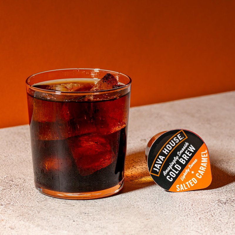 JAVA HOUSE Salted Caramel Lightly Sweet Cold Brew Coffee Pods, (48 Count) Peel and Pour Pods Hot or Iced