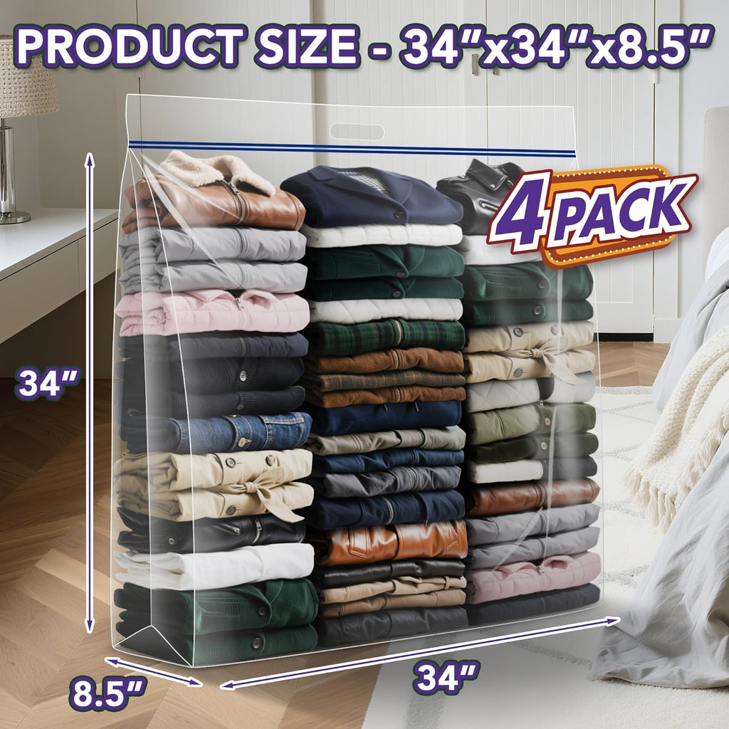 Skiennix Extra Large Clear Wreath Storage Bag - Durable Plastic with Handle | 34"x34"x8.5" | 4 Pack for Holiday Decor & Bedding