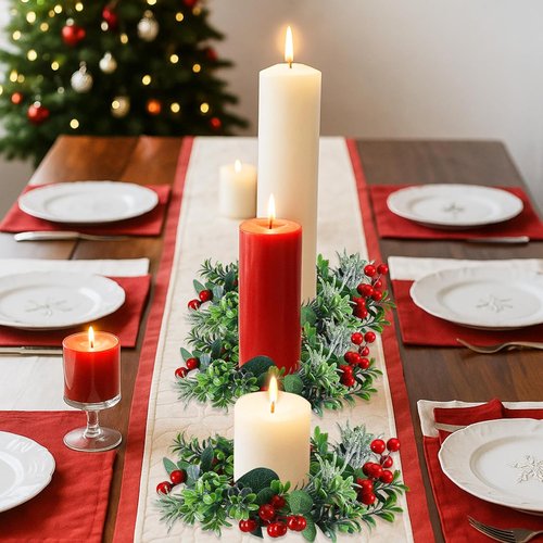 Daifunli Mini Wreaths - 8 Inch Christmas Candle Rings with Red Berries & Eucalyptus | Perfect for Home Decor