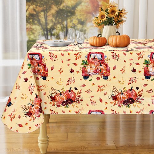 misaya Rectangle Waterproof Vinyl Table Cloth, Wipeable Tablecloth with Flannel Backing, Plastic Table Cover for Fall, Thanksgiving (Pumpkin Truck, 60" x 102")