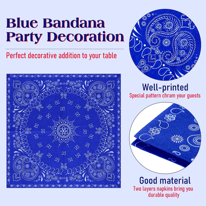 Teling 200 Pcs Western Bandana Napkins 2 Ply Bandana Paper Napkins Bulk Disposable Paisley Print Cocktail Napkin for Western Cowboy Theme Birthday Party Supplies, 6.3 * 6.3"(Blue)