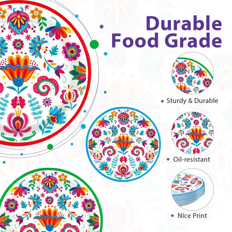 Grencian 60Pcs Mexican Fiesta Paper Plates 9" Heavy Duty Disposable White Mandala Floral Platters Cinco de Mayo Dessert Plates for Cinco De Mayo Taco Tuesday Birthday Party Supplies Decoration