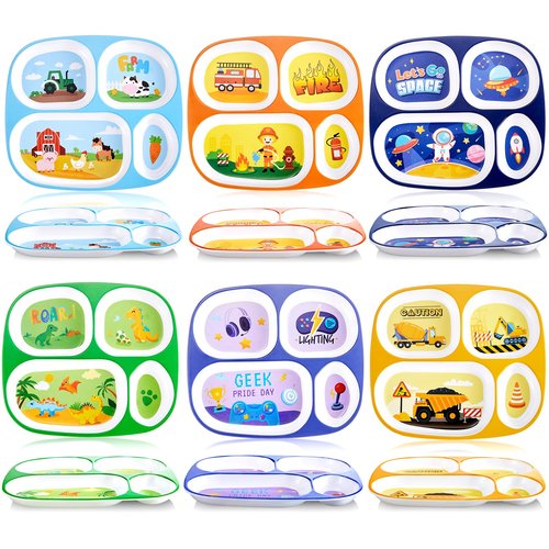Hushee 6 Pcs 9.4 x 8.2 Inch Dinner Plate for Kids Girls Boys Cute Toddler Divided Plates Plastic Funny Serving Dishes for Construction Dinosaur Firefighter Farm Game Console Astronaut Animal