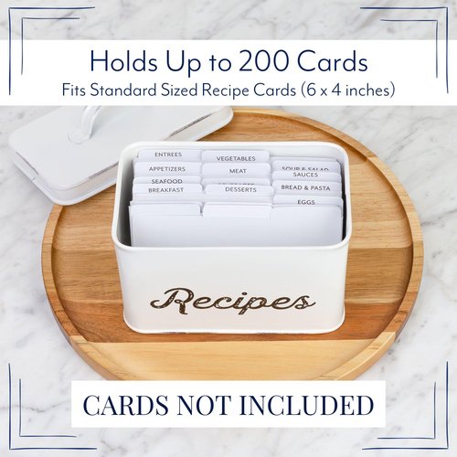 AuldHome Design Rustic White Recipe Box; Enamel Farmhouse Recipe Holder and Organizer for 4 x 6 Inch Recipe Cards