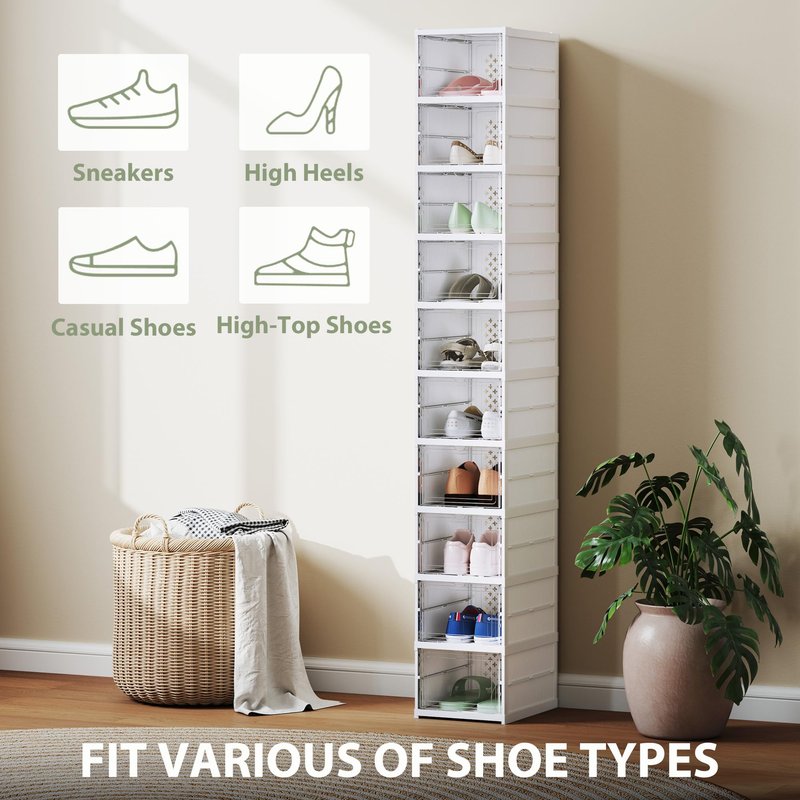 HOMCOM 8 Pack Foldable Shoe Organizer, Plastic No Assembly Stackable Shoe Storage Box with Clear Door, Space Saving, Fit up to US Size 10, White