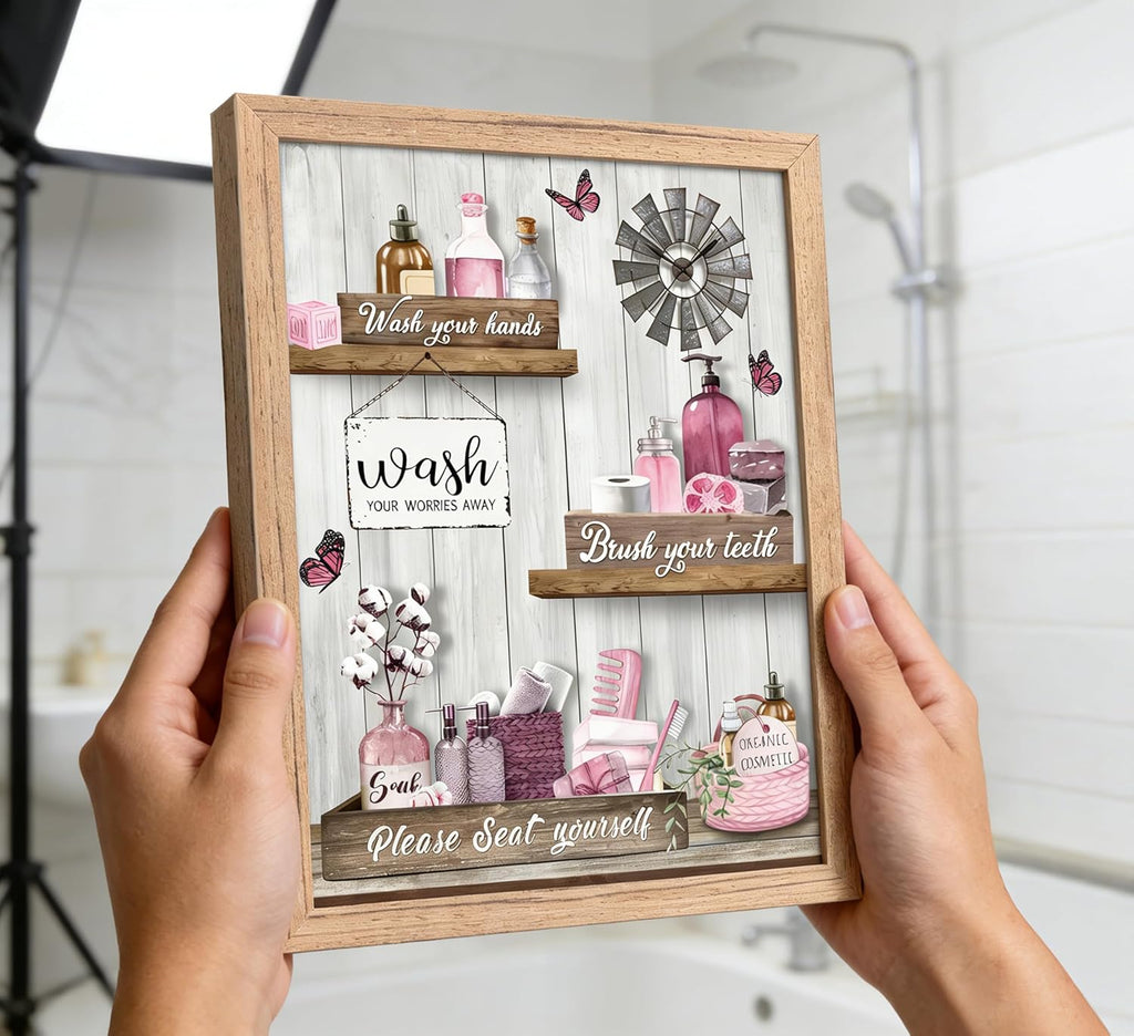 Regine Switzerland Pink Bathroom Canvas Wall Art - Modern Farmhouse Decor | Framed Ready to Hang