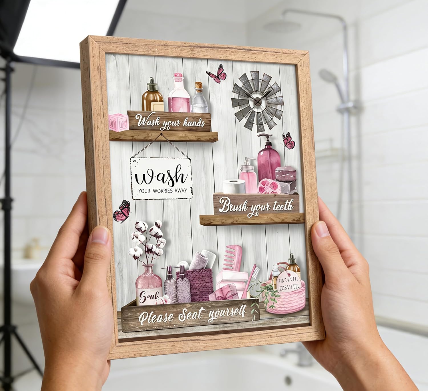 Regine Switzerland Pink Bathroom Canvas Wall Art - Modern Farmhouse Decor | Framed Ready to Hang