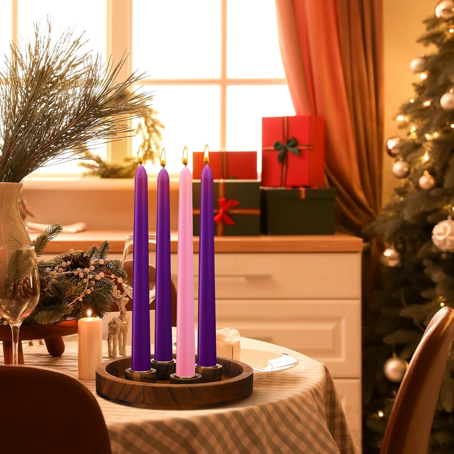 Vercraft 7-Inch Christmas Advent Candle Holder - Modern White Tray with 12 Taper Candles for Festive Centerpiece