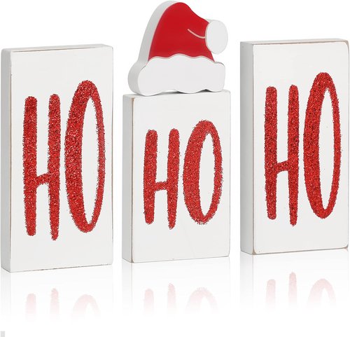 Ho Wood Christmas Blocks - Festive Wooden Tabletop Decor for Holiday Parties | 4 White Signs