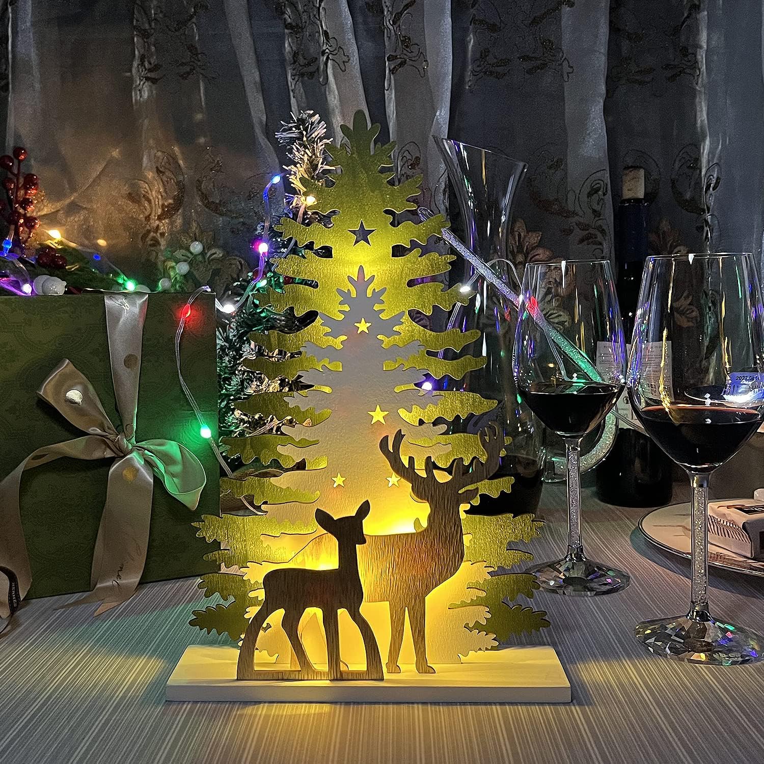 Supergorea Lighted Christmas Tabletop Decorations - Wooden Tree & Deer Decor | LED Battery-Powered, 12.7 Inch