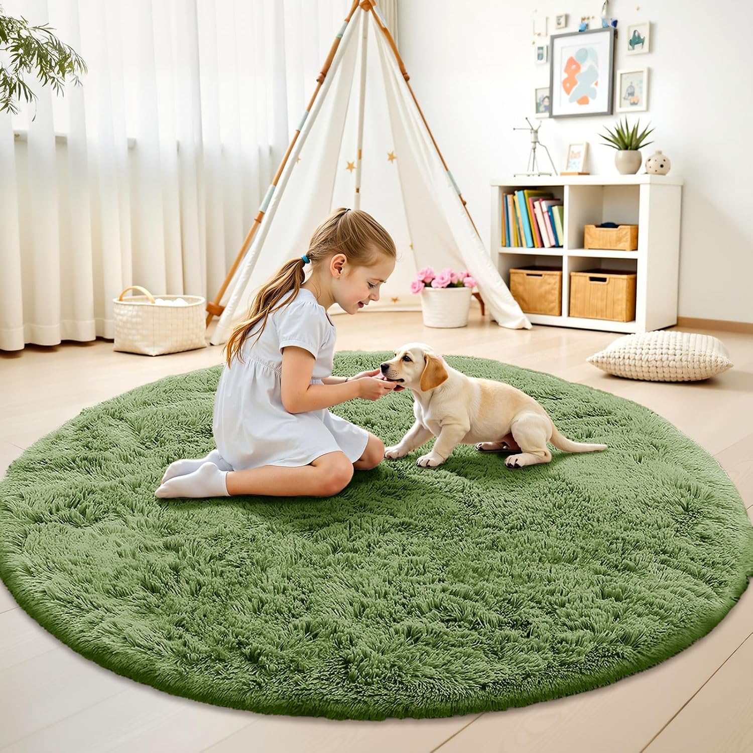 OLANLY Green Round Area Rug - Soft, Fluffy, Machine Washable 5 ft Circle Carpet for Bedroom & Living Room