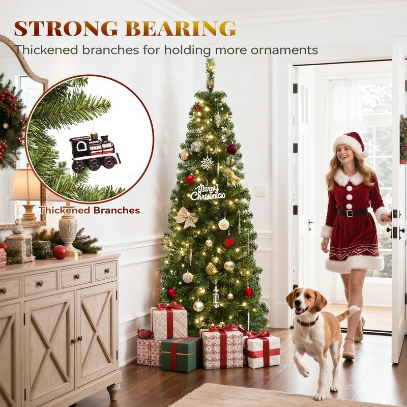 YITAHOME Prelit Pencil Christmas Tree 6 FT with Remote Control, Slim Fraser Fir Green Christmas Tree with 700 Branch Tips and 200 Lights for Home, Office, Party Decoration