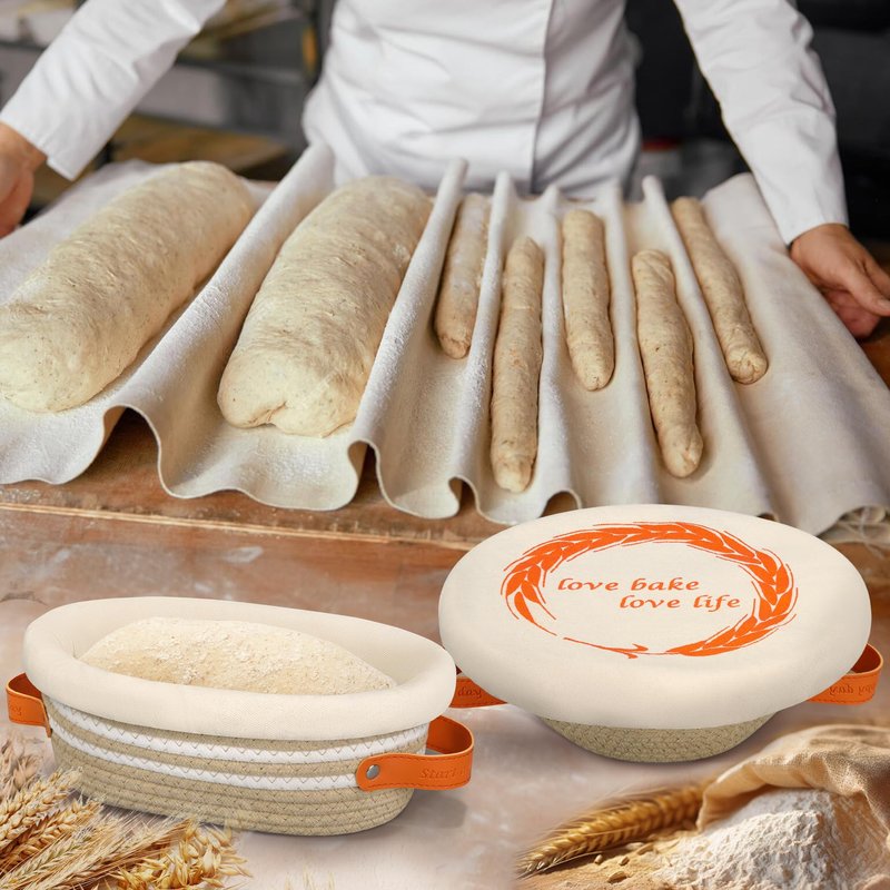 Reeple Banneton Sourdough Bread Proofing Basket Set of 2, Oval & Round Cotton Rope Bread Supplies Proofing Bowls with Liners and Covers for Sourdough Bread Baking