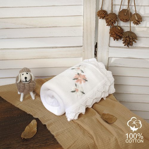 LAWKUL Baby Blanket 100% Traceable Cotton Knit Receiving Blankets Soft Swaddle for Newbron Boy Girls 40"x30" White Floral