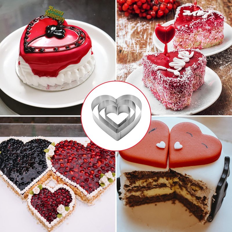 QEEYON 3PCS Heart Cookie Cutter Set, 4" 6" 8" Stainless Steel Sandwiches Cutter DIY Heart Cake Cutter Cake Molds Ring Set Mousse Mold Biscuit Cutter Valentines Cookie Cutters Pastry Cutters