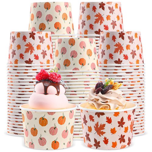Jingmore 100 Pcs 8 oz Fall Treat Snack Cups Pumpkin Maple Leaves Disposable Paper Bowls Thanksgiving Orange Party Favors Paper Bowls for Hot or Cold Food Autumn Party Supplies