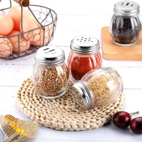 Hotop 24 Pieces Glass Spices Shaker with Perforated Top Cheese Shaker with Slotted Stainless Steel Top Retro Swirl Style Jar