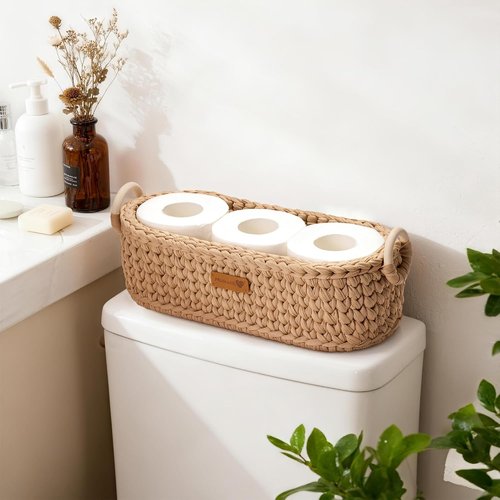 Handwoven Basket by [Brand Name] - Stylish Toilet Paper Storage with Wooden Base & Handles | Boho Modern Decor (Brown)
