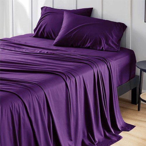 Bedsure Queen Sheet Set - Cooling Rayon Bamboo Sheets | Breathable & Soft, Deep Pocket Up to 16 Inches, Plum