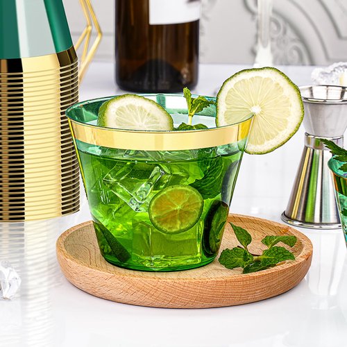 Bestluck 100 Pack 9 oz Green Plastic Cups, Clear Disposable Cups with Gold Rim, Plastic Cocktail Glasses for Party & Graduation & Wedding