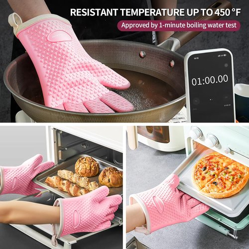 MAD SHARK Silicone Oven Mitts - Heat Resistant 450°F, Waterproof & Non-Slip | Cotton Lined, Pink