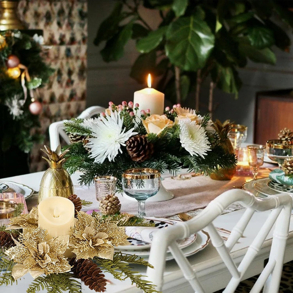 Skiennix Christmas Candle Ring Wreath - Artificial Golden Flower & Pine Garland Centerpiece