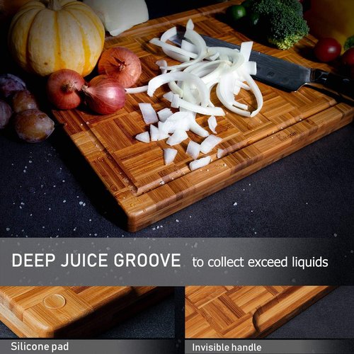 Kikcoin Extra Large Bamboo Cutting Boards - Set of 3 Chopping Boards with Juice Groove for Kitchen