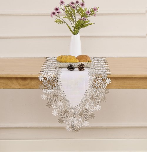 Winotic White Beige Floral Lace Table Runner Dresser Scarf 108 inches Long for Kitchen Dining Coffee Table Parties Wedding Home Decor (White, 16” x 108”)