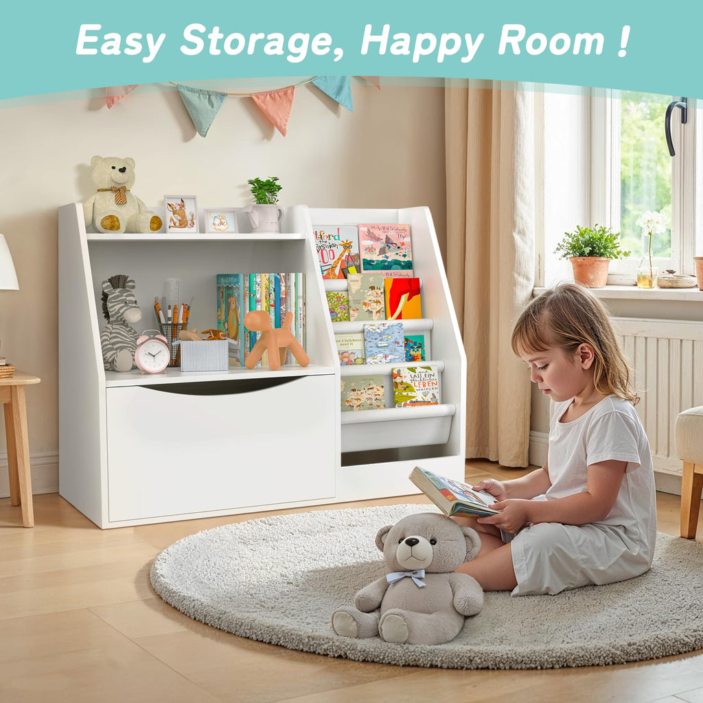 TOETOL 2 Tier Kids Bookshelf and Book Storage，4 Sling Toddler Bookshelf, Storage Boxes Book Shelf & Organizer for Nursery Playroom Classroom Library Bedroom White