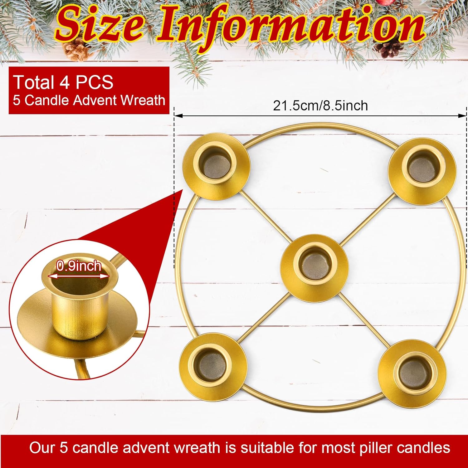 Newtay Christmas Advent Wreath Candle Holder - 5 Candle Metal Ring, 8.5 Inch Table Decoration