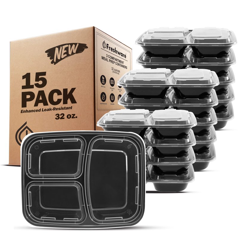 Freshware Bento Box Meal Prep Containers, 3-Compartment, 32 ounce, 15-Pack