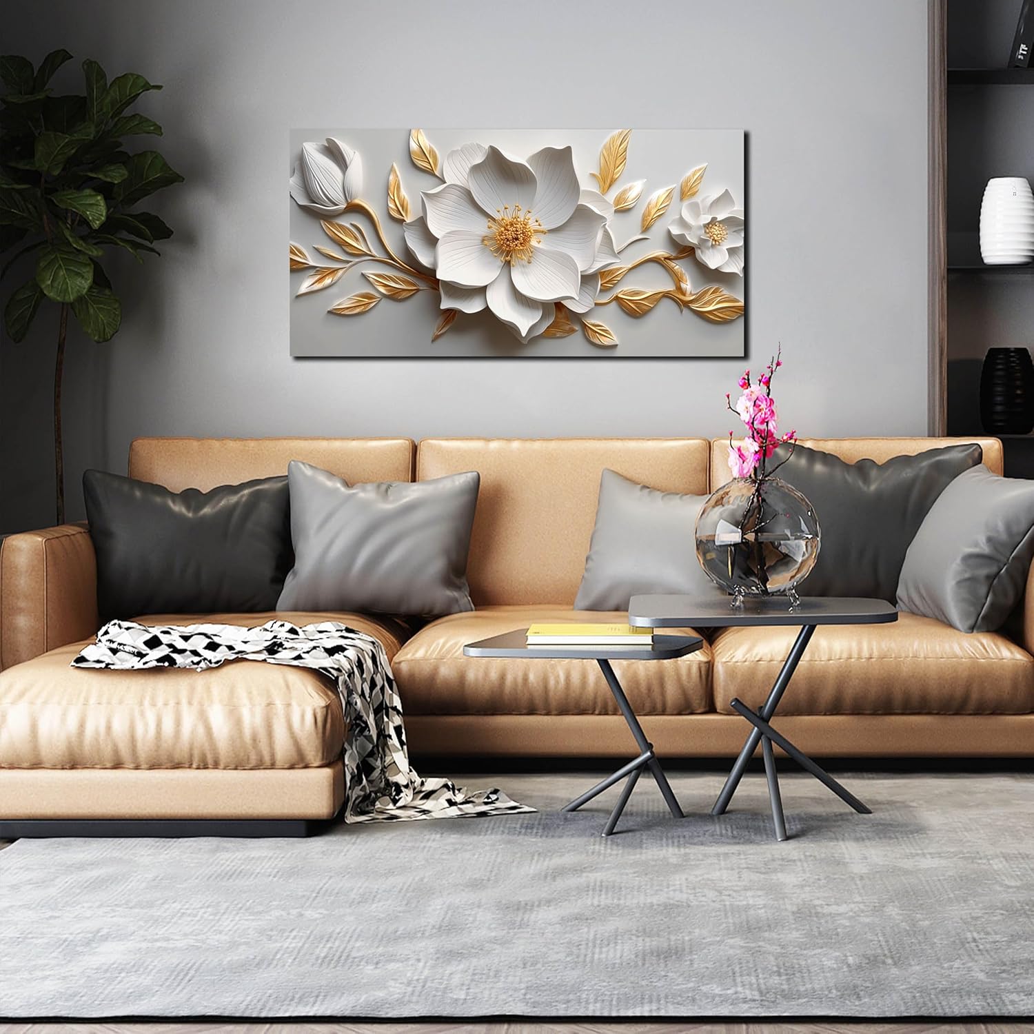 Skiennix Canvas Wall Art - Large White and Gold Floral Artwork for Living Room & Office | 20x40 In