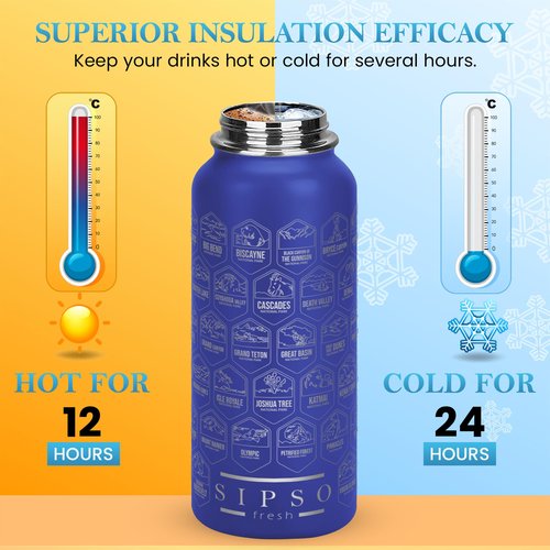 SIPSO fresh Hiking Gift Water Bottle – 32 oz Vacuum Insulated Stainless Steel National Park Water Bottle | 63 Waterproof Stickers & Premium Gift Box | Camping & Outdoor Adventure Gifts (Light Blue)