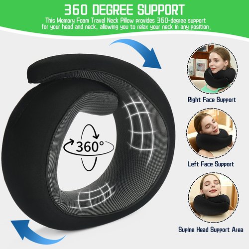 REDOFF®Travel Pillow for Neck Support, Memory Foam Neck Pillow for Airplane, Car, Office - Adjustable Strap with Magic Tape, Breathable & Portable with Storage Bag，It's Good to give Gifts.（Black）