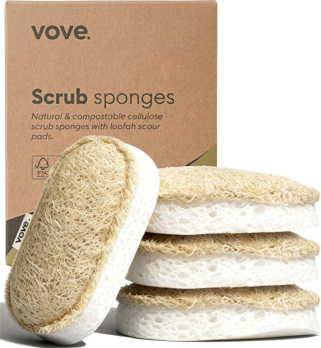 Vove Scrub Sponges - Eco-Friendly Loofah Dish & Kitchen Sponges | 4 Pack with Natural Cellulose & Cotton