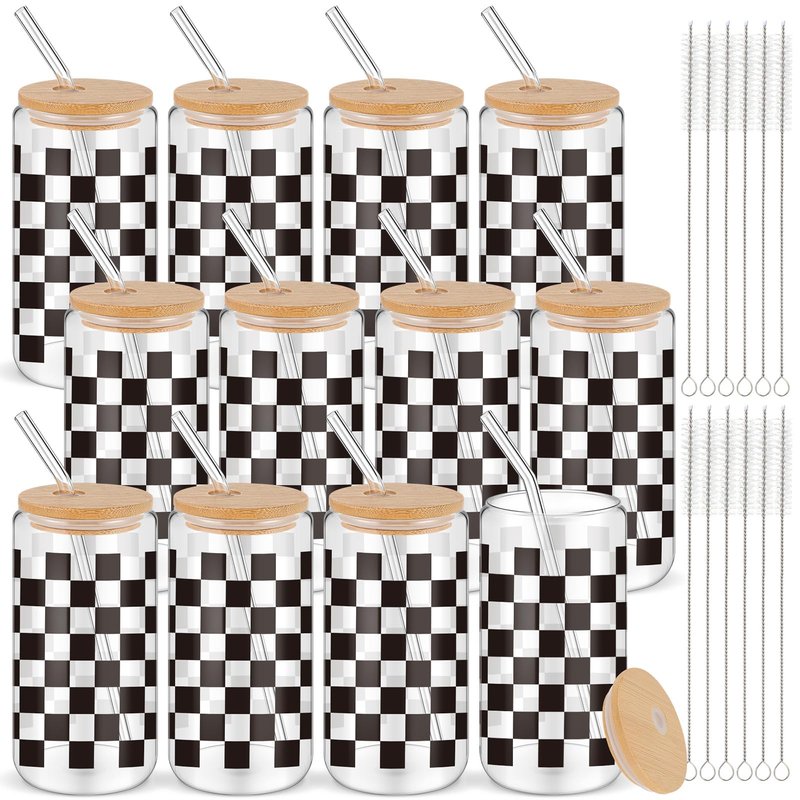 Yetene 12 Set 16oz Checkerboard Glass Cups with Bamboo Lids and Straws White Black Checkered Flag Glasses Tumblers Ice Coffee Cup for Racing Car Christmas Party Drink Decoration Gifts for Women