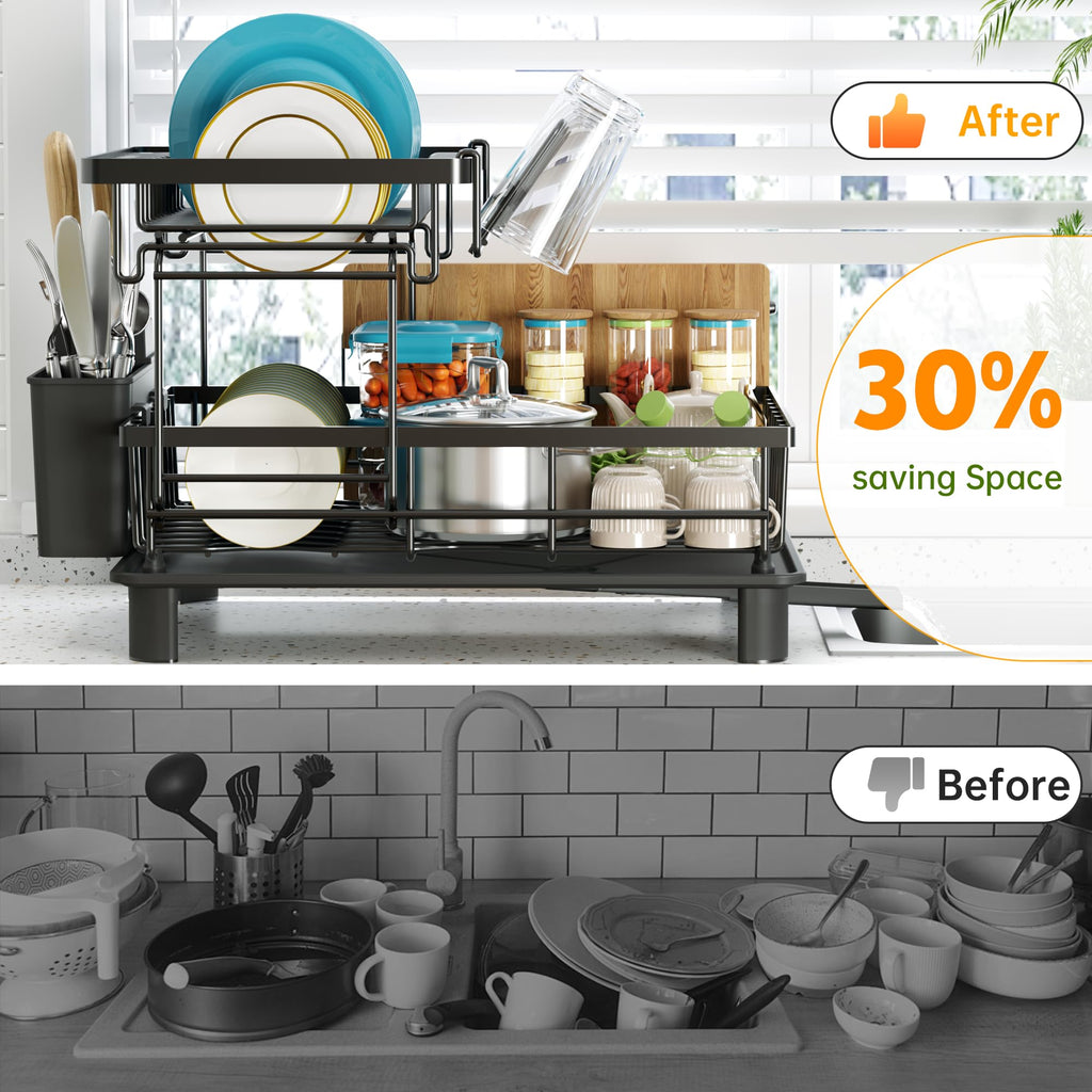 IMXSUMDA Dish Drying Rack, 2 Tier Dish Racks for Kitchen Counter, Compact Drying Rack Kitchen, Rust-Resistant Dish Drainer, Detachable Space-Saving Dish Rack with Drainboard, Utensil Holder, Black