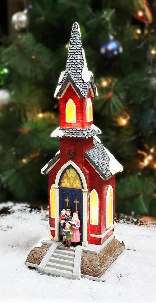 Moments In Time Christmas Village Red Church - LED Lights & 8 Classic Songs | Hand-Painted 15.6” Holiday Decor