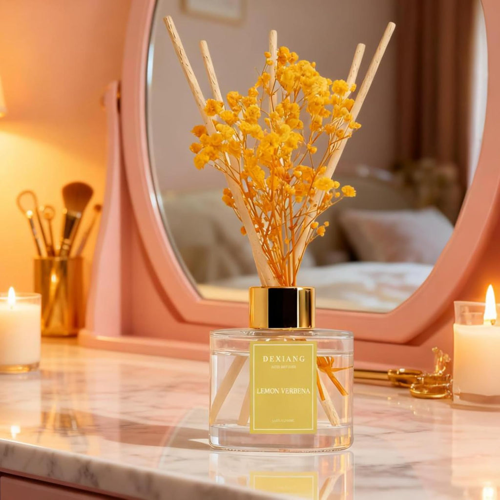 Reed Diffuser Set - Premium Lemon Verbena Scented Oil with Baby's Breath & Cotton | Long-Lasting Aromatherapy for Home Decor