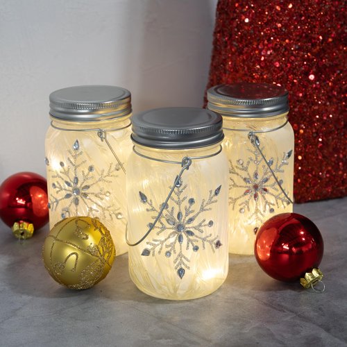 LumaBase Battery Operated Silver Snowflake Glass Mason Jars - Set of 3