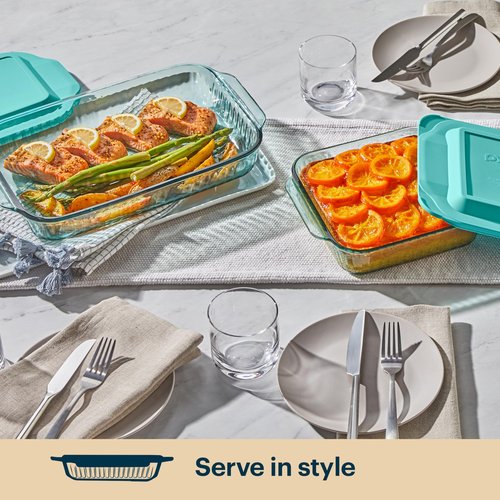 Pyrex Colors Tinted (2-Pack, Full Set) Tinted Glass Baking Dish with BPA-Free Lid, Oblong Bakeware Glass Pan For Casserole & Lasagna, Dishwasher, Freezer, Microwave and Pre-Heated Oven Safe, Aqua
