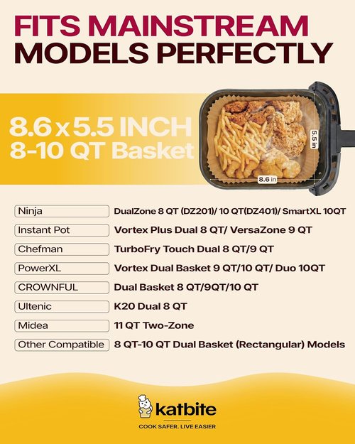 Katbite Air Fryer Liners - 130PCS Thick Disposable Rectangle Parchment Paper, 8.6x5.5'' for Dual Air Fryers