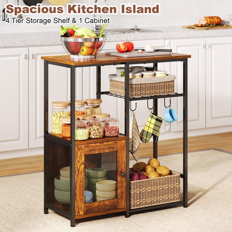 Small Kitchen Island Table with Storage, 4 Tier Microwave Stand, Bakers Rack, Coffee Bar Cabinet Station with Storage Cabinet, Kitchen Rack with Adjustable Shelves & 3 Hooks for Kitchen Dining Room