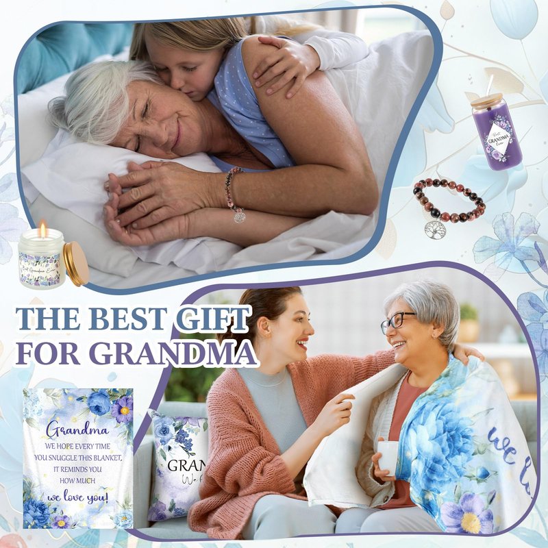 Paterr 10 Pcs Gifts for Grandma– Mothers Day, Birthday Gift Include Canvas Tote Bag 16oz Glass Cup Socks Blanket(Grandma)