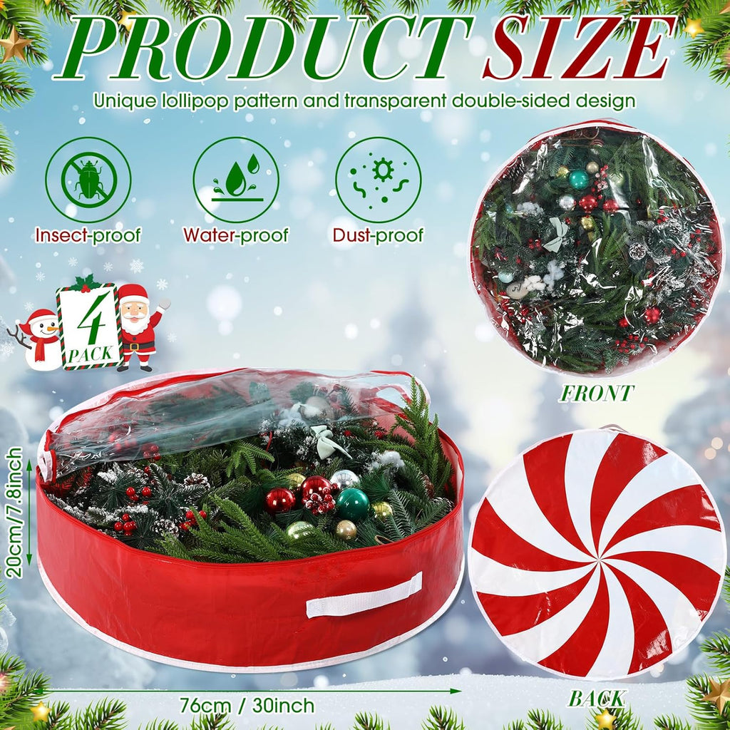 Regine Switzerland Christmas Wreath Storage Bag - 30 Inch Clear Window Design with Dual Zipper Handle | Red & White Peppermint Candy Cane Organizer